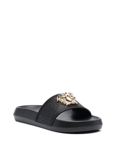 versace medusa head plaque slides|Versace Medusa detail round heels.